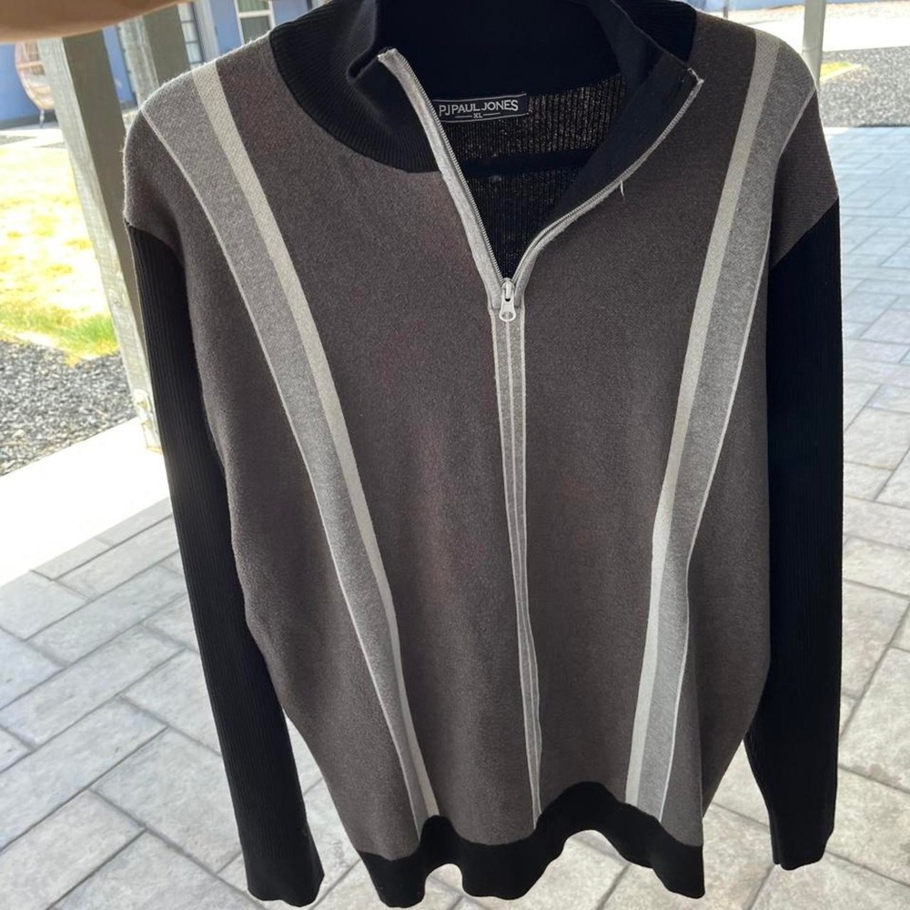 PJ Paul Jones Mens Preppy Full Zip Sweater Black Gray Sz XL